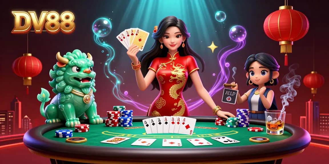 Engage in high-stakes poker with DV88, featuring a glamorous setting of colorful chips and a royal flush.