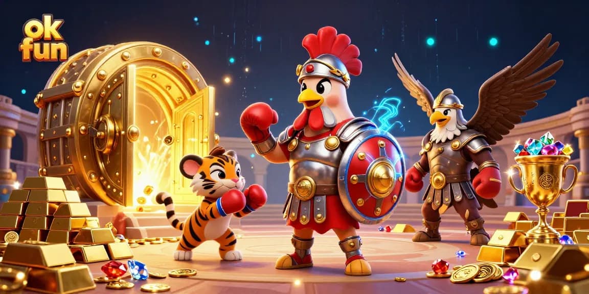 Experience the thrill of winning at ok fun with gladiator rooster and jewels in a dynamic casino scene.