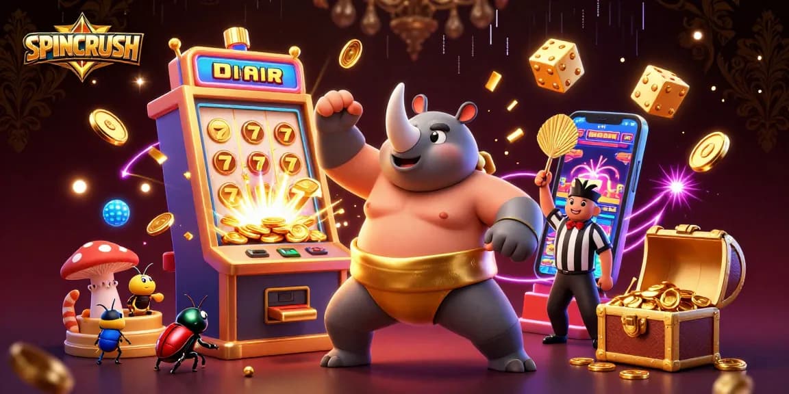Join the excitement with SPINCRUSH as a rhinoceros beetle champion wins big amidst flying coins and game symbols.