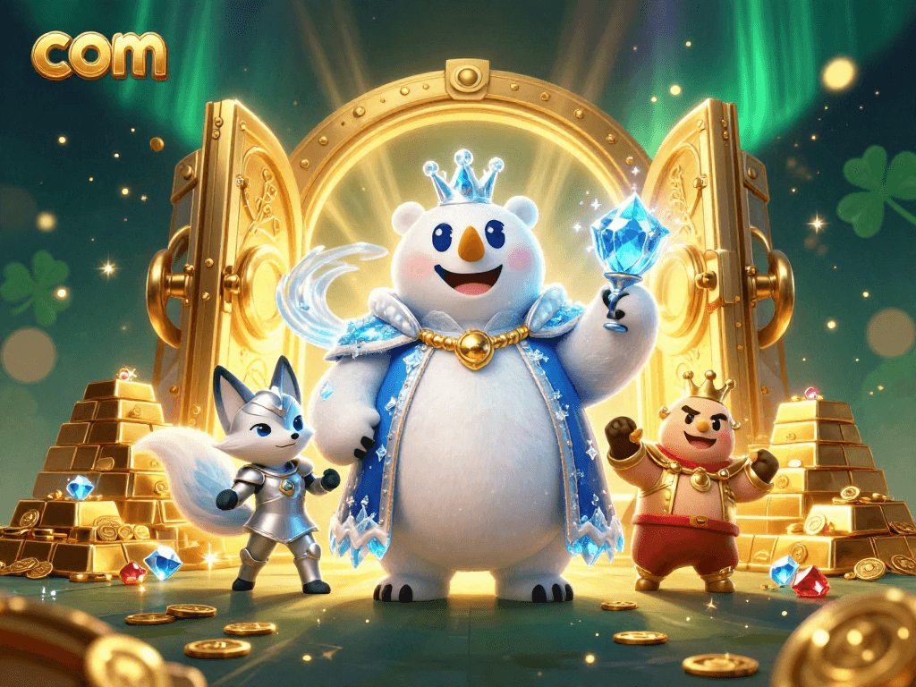 Engage with the thrilling world of com, illustrated by a magical scene featuring an ice king polar bear and snow fox amidst treasures.