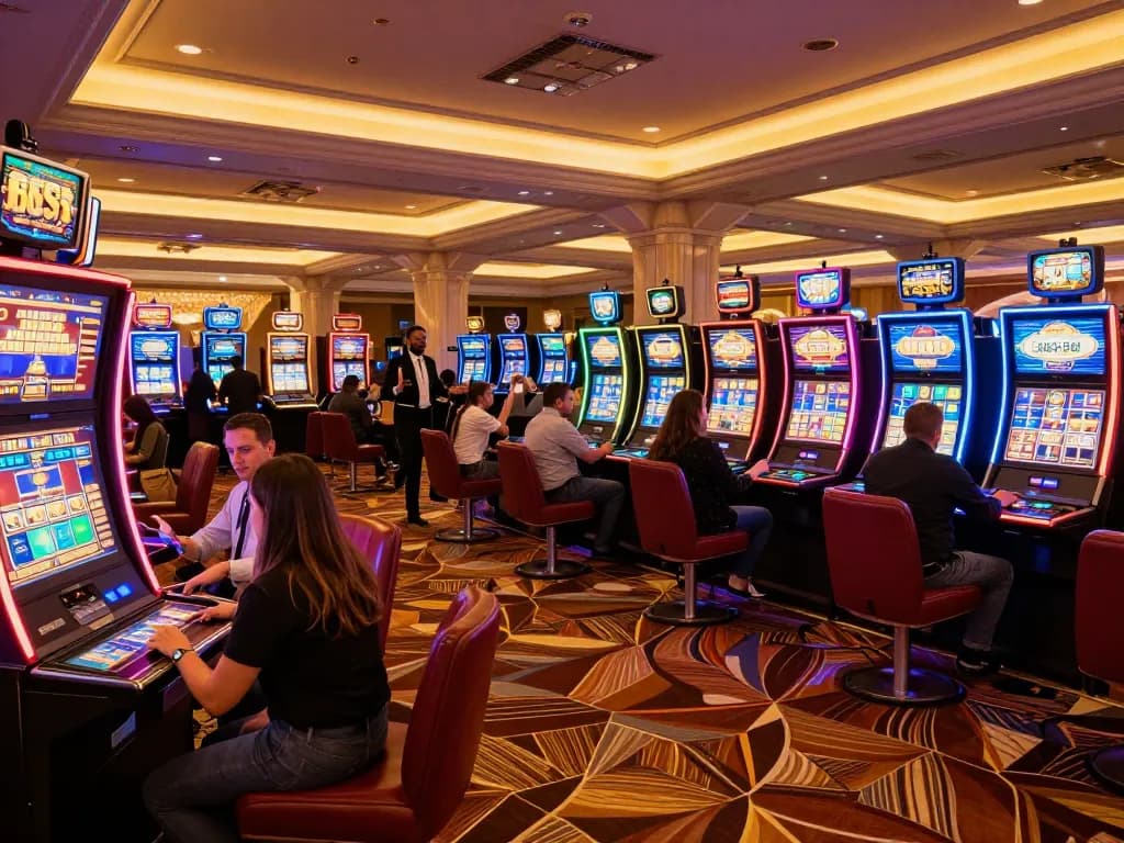 Experience thrilling gameplay at 79win casino with vibrant slot machines and excited players