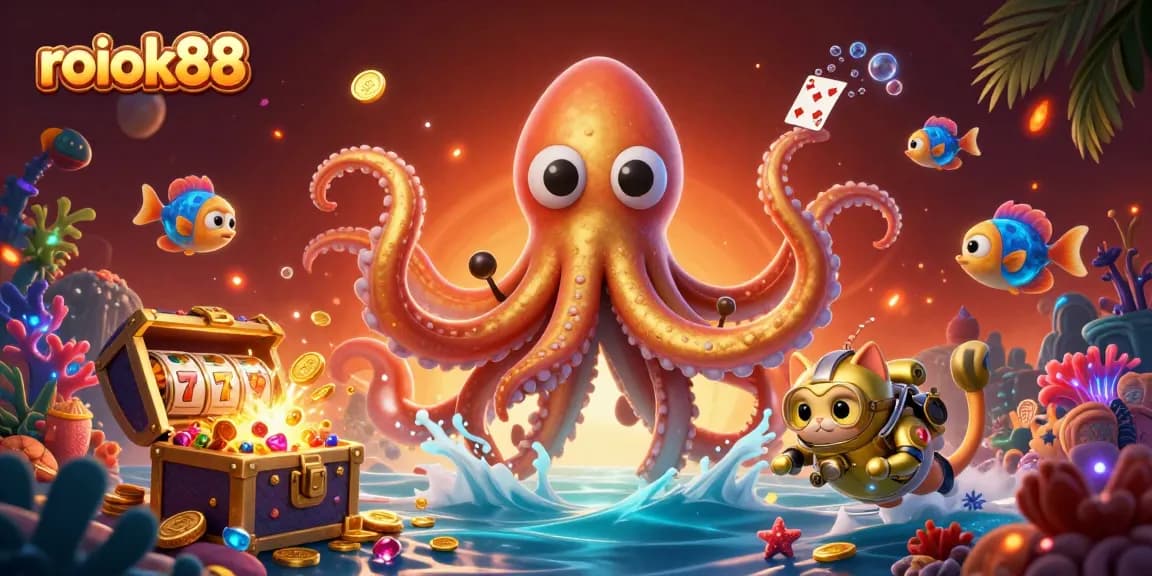 Explore rokok88’s rich underwater scene with a kraken, diving cat, and vibrant casino elements.