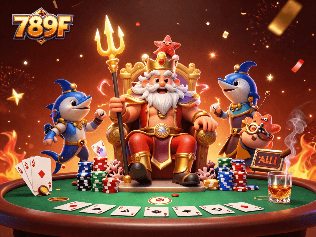 Experience the thrill of 789F with Neptune and poker elements in vibrant illustration.