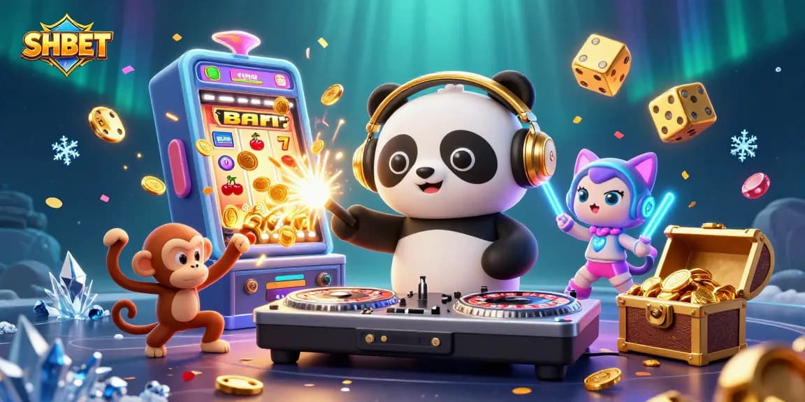 Join SHBET's exciting casino world with a lively DJ panda and vibrant gaming elements surrounding him.