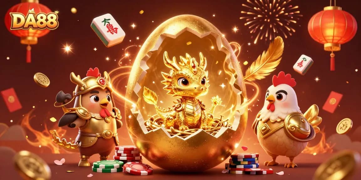 Spin to win with DA88, featuring a golden dragon and poker chips surrounded by festive casino elements.
