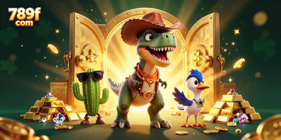 Play exciting games at 789f com with vibrant T-Rex and sheriff-themed characters amidst golden treasures.
