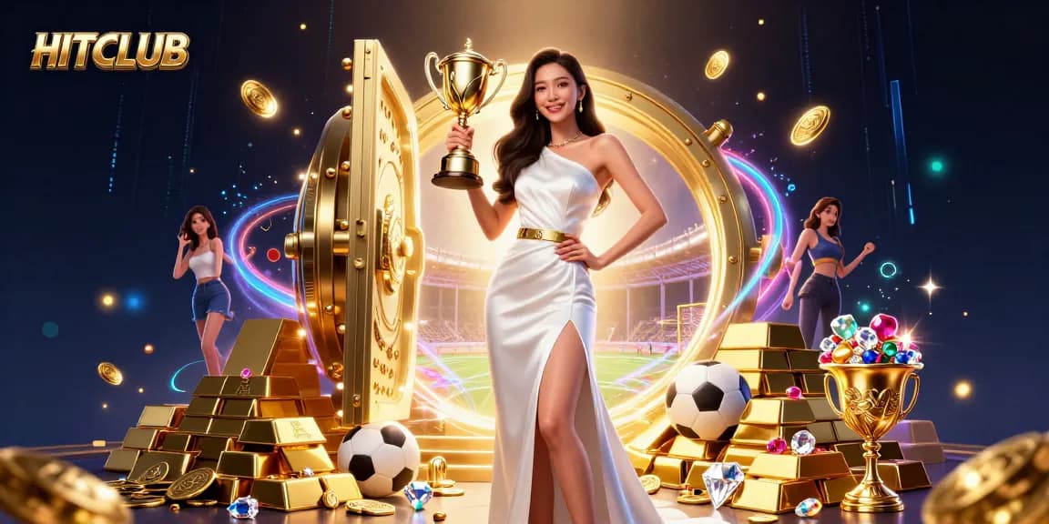 Experience victory at HITCLUB with a stunning trophy, golden treasures, and sports betting excitement.