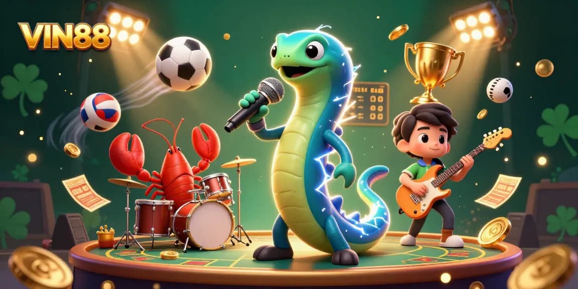 Experience the thrill of VIN88 with a lively underwater casino scene featuring electrifying characters and vibrant game elements.
