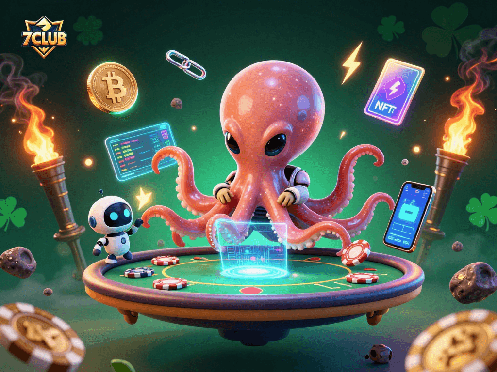 Engage in thrilling bets at 7CLUB with the alien octopus at a holographic poker table!