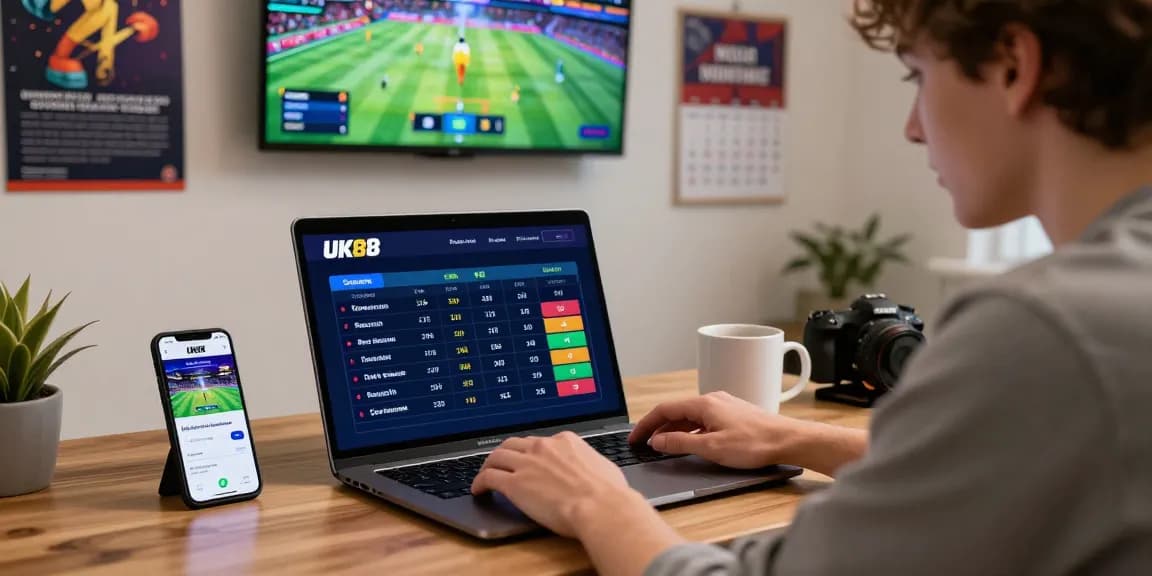 User engaged with UK88 online betting platform, showcasing sports odds and gaming excitement in a cozy home office.