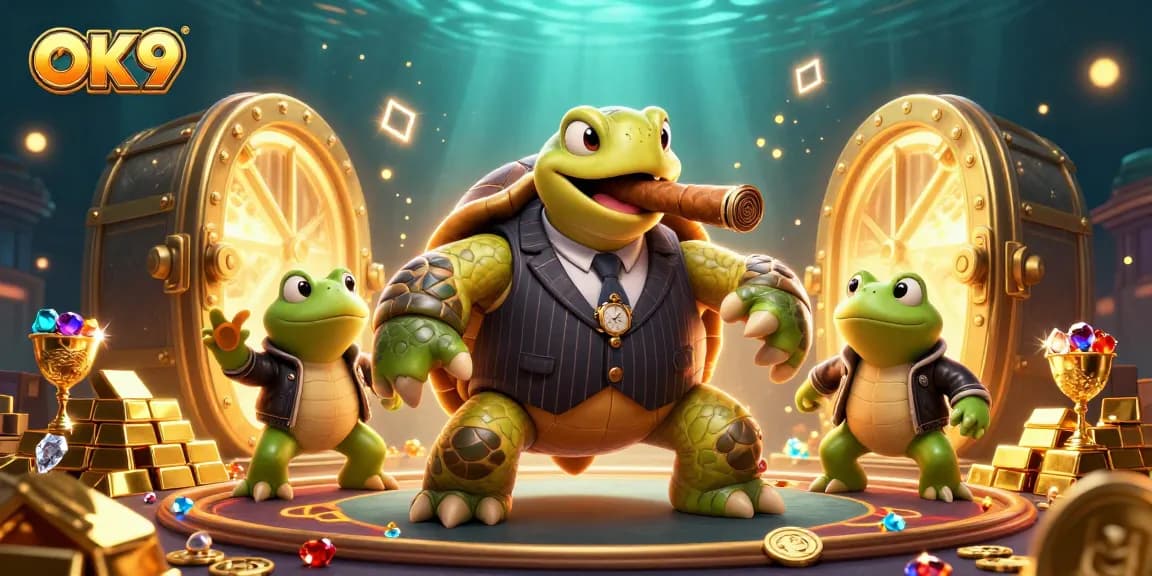 Experience thrilling moments at OK9 with a dynamic gambling scene featuring lucky turtles and treasures.