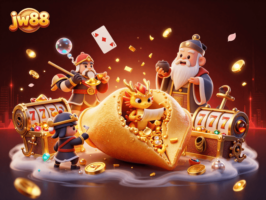 Win big at jw88 with an enchanting scene of fortune cookies, golden dragons, and vibrant casino elements.