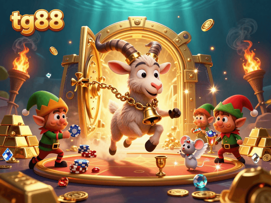 Experience tg88's vibrant and dynamic casino environment with a festive Krampus and mischievous elves stealing poker chips.