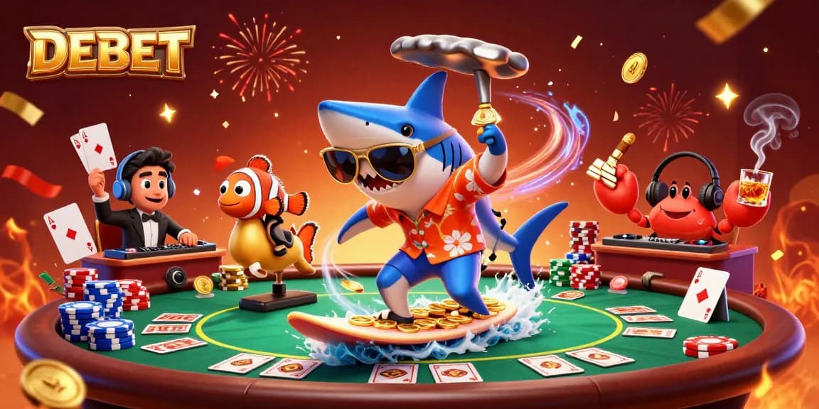 Engage in thrilling casino action with DEBET as a hammer-head shark surfs on gold coins!