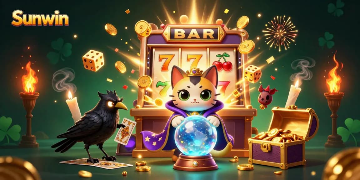 Experience the magic of Sunwin with a fortune teller cat, raven, and slot machine fireworks.