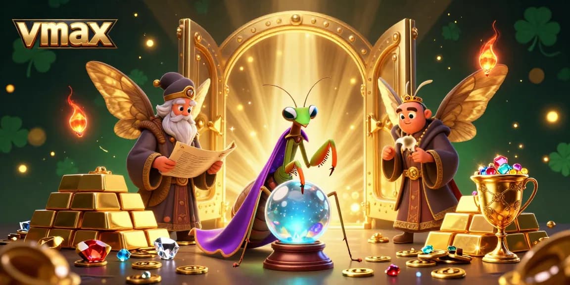 Experience vibrant winnings at vmax with mystical creatures revealing fortune in a rich casino setting.