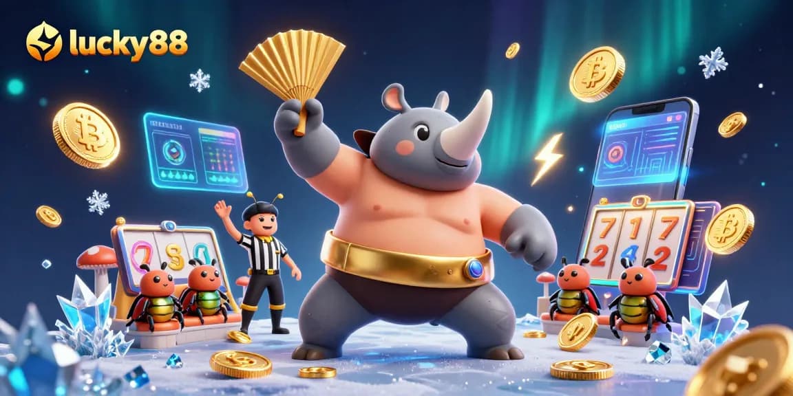 Engage with lucky88 as the 3D rhinoceros beetle champion unleashes coins in a vibrant casino scene.