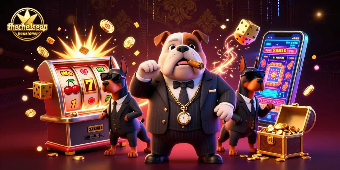 thechelseapensioner animated bulldog mafia boss with dynamic casino elements, jackpot spins and treasure