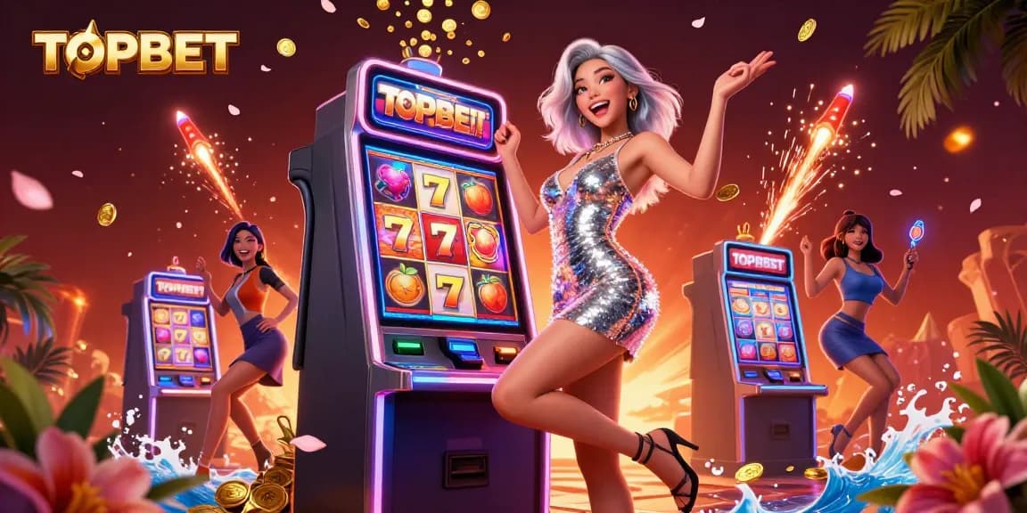 Play and win big at TOPBET with vibrant slot machines and celebratory atmosphere!