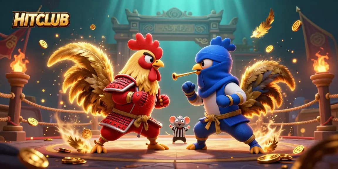 Experience thrilling action at HITCLUB with dynamic rooster battle amidst golden casino elements.