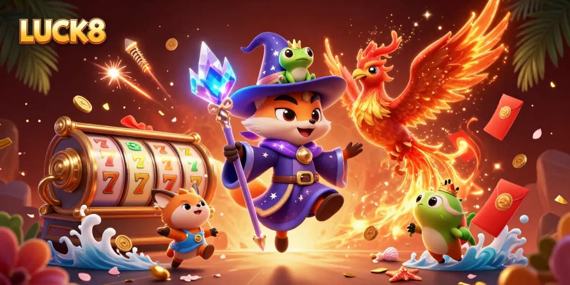 LUCK8 players enjoy spins with vibrant slot reels and golden animations in a beautiful casino setting.