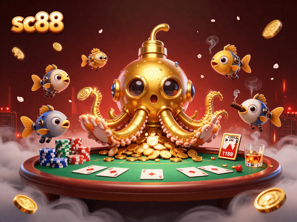 Experience sc88 with a 3D golden kraken submarine surrounded by poker elements and gold coins.