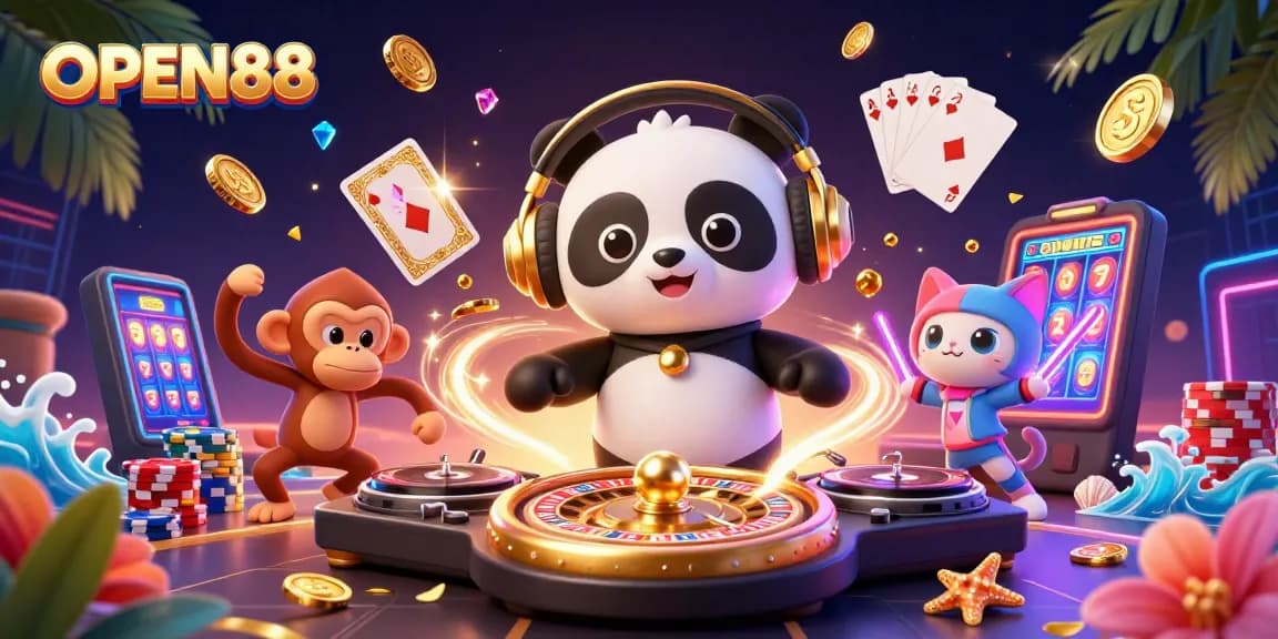 Experience the excitement of OPEN88 with vibrant characters and casino elements in this dynamic 3D illustration.