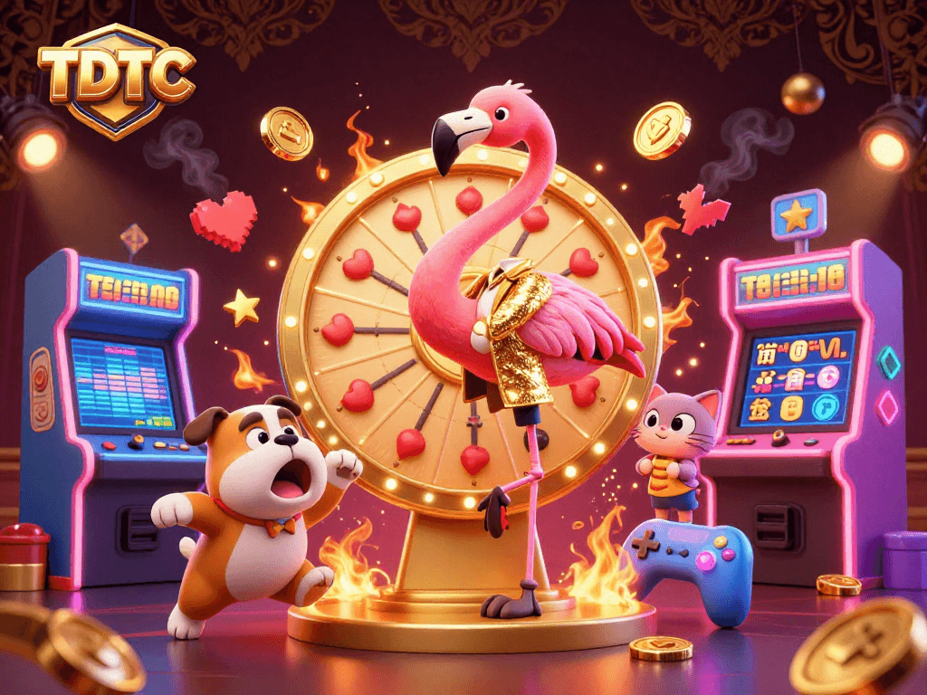 Spin the TDTC prize wheel with a flamingo host and bulldog contestant in this vibrant gaming scene.
