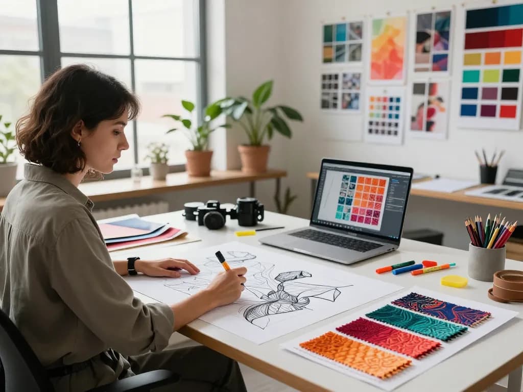 Textile designer in a vibrant studio creating innovative sunwin fabric patterns with colorful markers and digital tools.