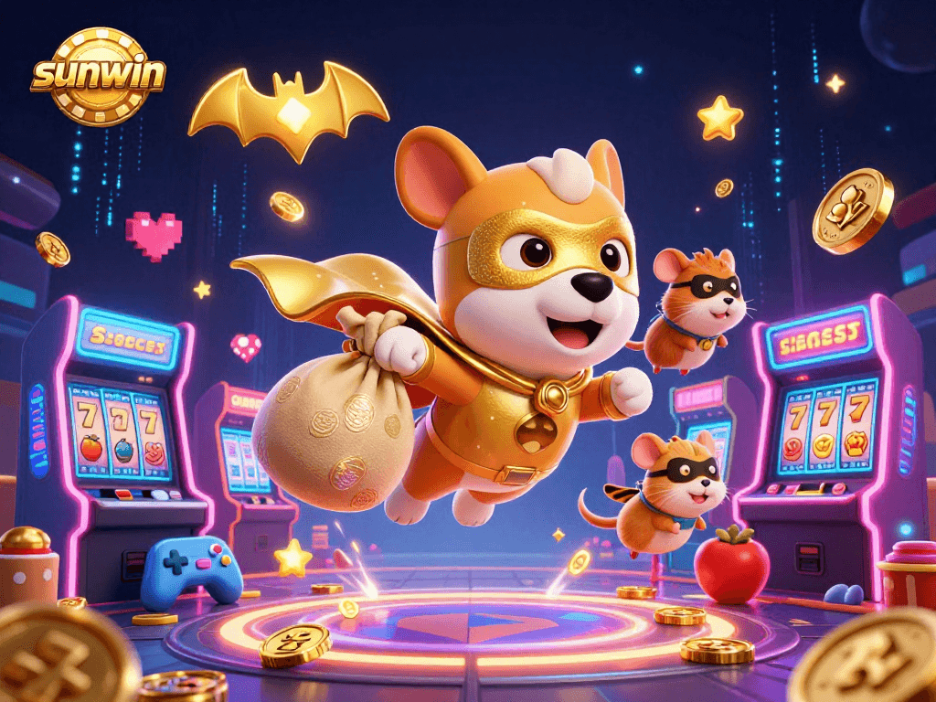 Join the adventure with sunwin's superhero dog and sidekick amidst vibrant casino slot elements.