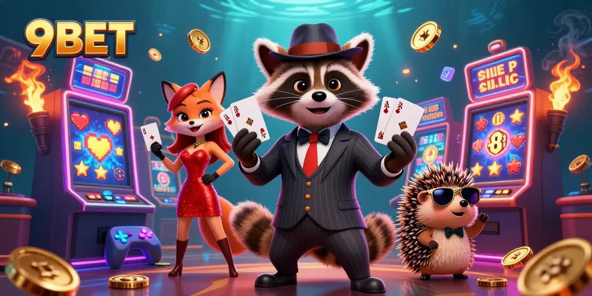 Engage with thrilling games at 9BET, featuring colorful slot machines and cheerful characters.