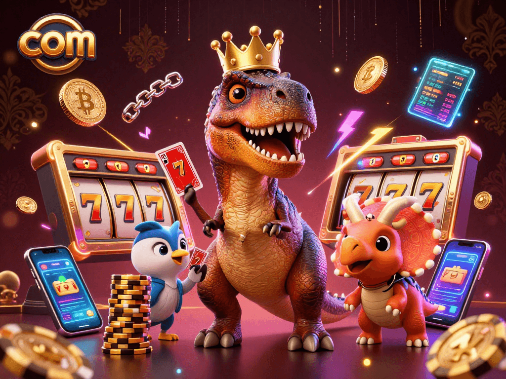 Engage with com opportunities by playing slots with T-Rex and friends in a vibrant casino scene.