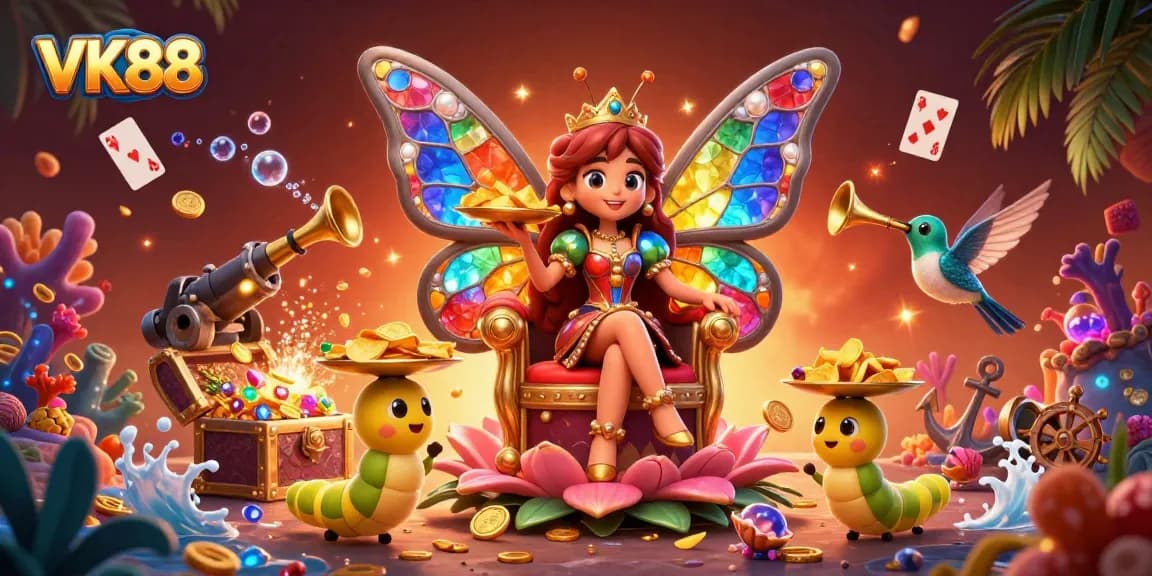 Engage with VK88's thrilling casino adventure featuring a butterfly queen in a vibrant gaming scene.