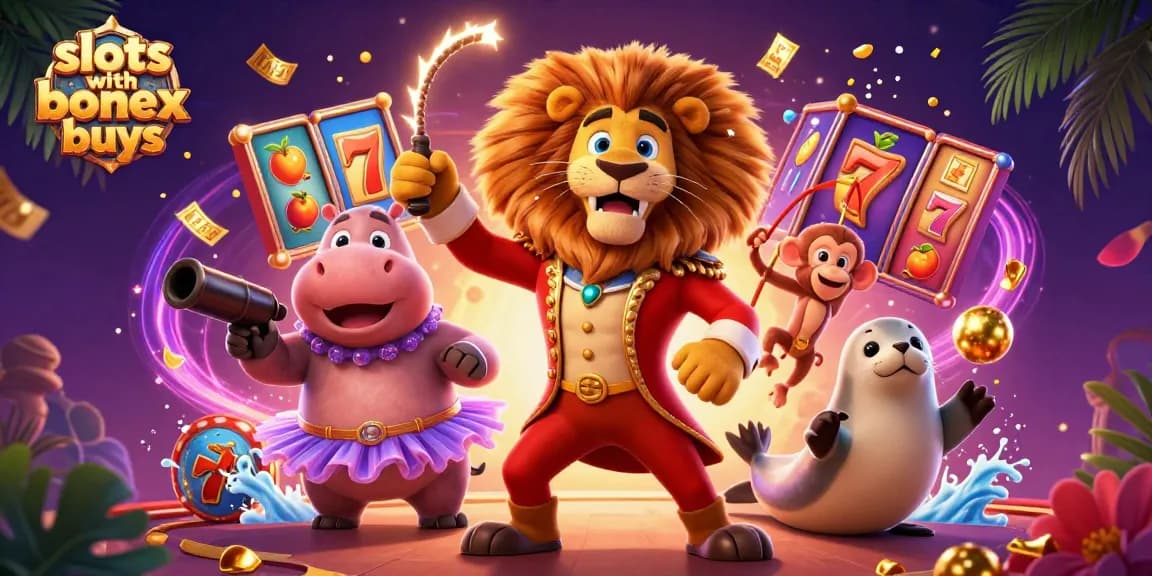 Engage with exciting slots with bonus buys featuring a dynamic circus scene and colorful gaming elements.