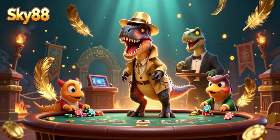 Experience thrilling blackjack with Sky88’s cartoon velociraptor card counter and dynamic casino atmosphere.