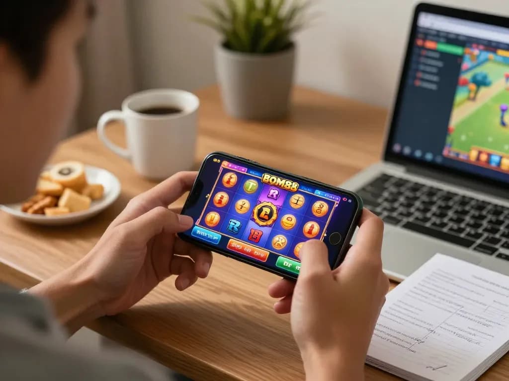 BOM88 gaming app showcased on smartphone screen with colorful slot game action.