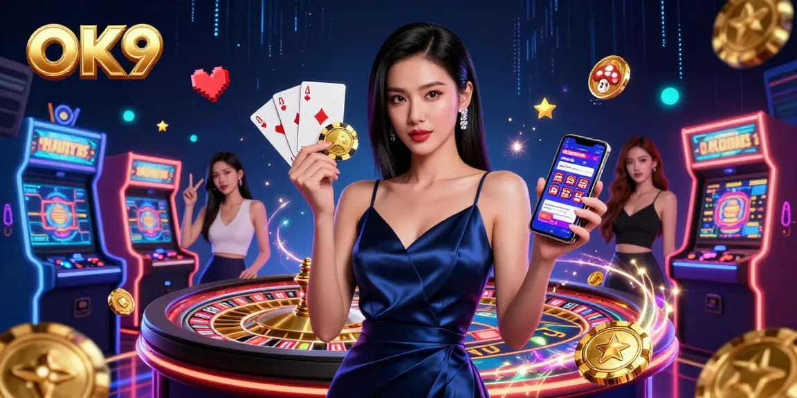 Experience thrilling gameplay at OK9 with a stylish Asian woman playing in a vibrant casino atmosphere.