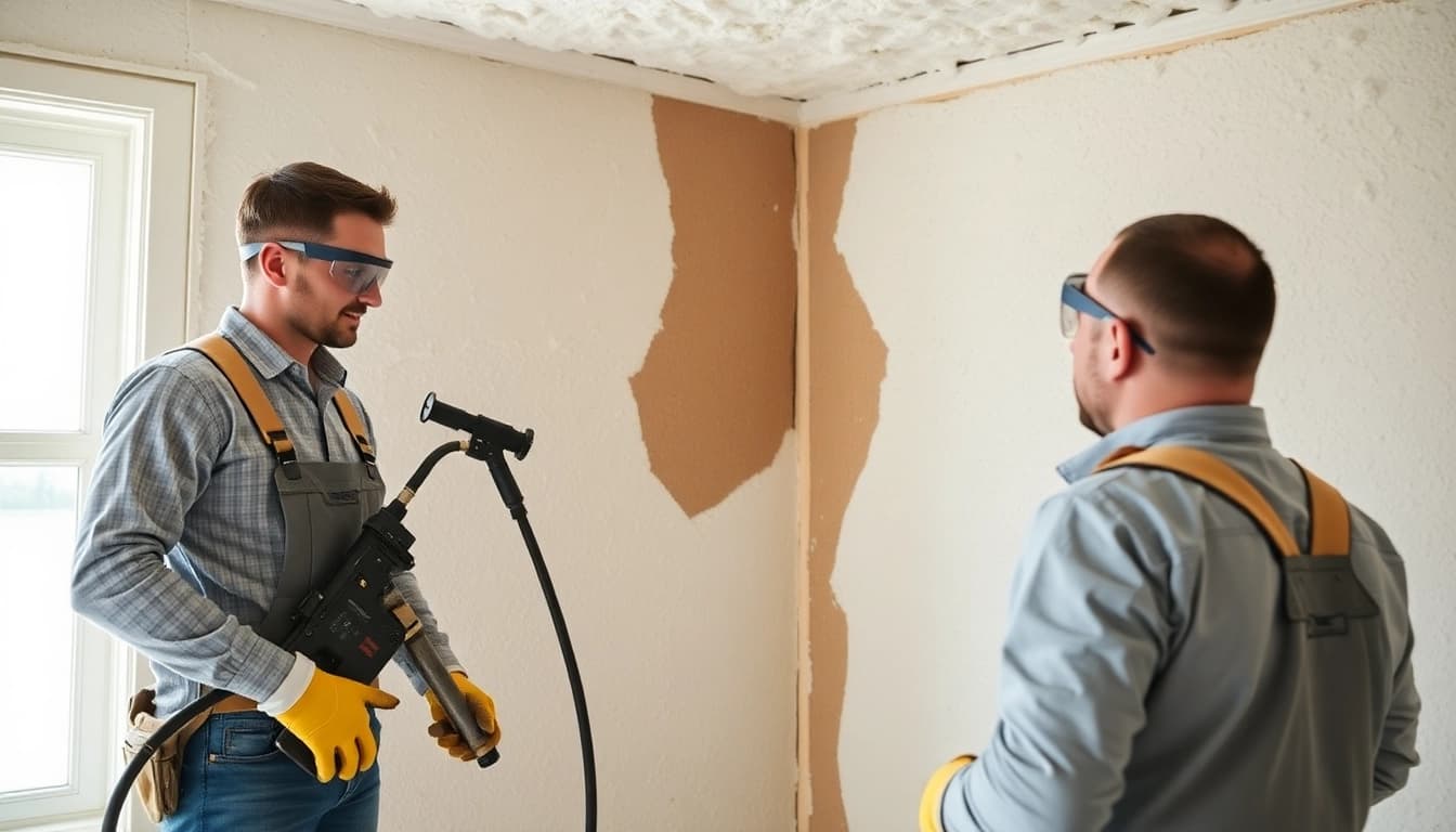 Closed cell spray foam removal process being conducted by professionals, showcasing effective techniques.