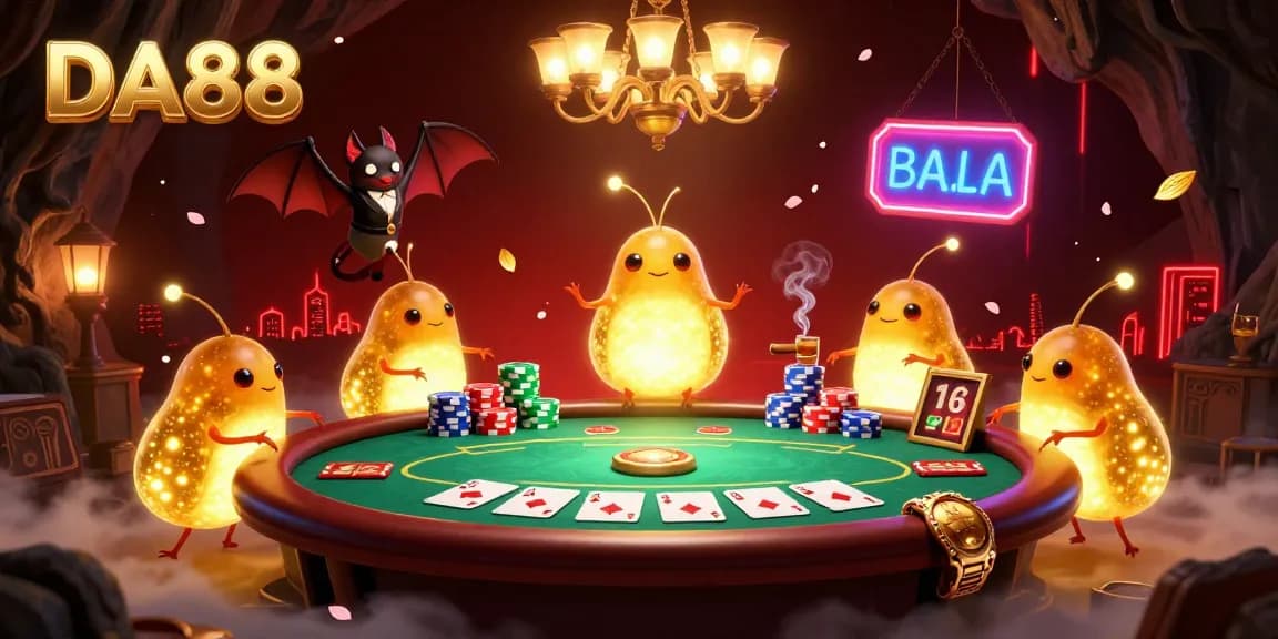 Experience DA88 in a vibrant 3D cartoon casino with glowworms lighting up a poker table and a bat dealer.