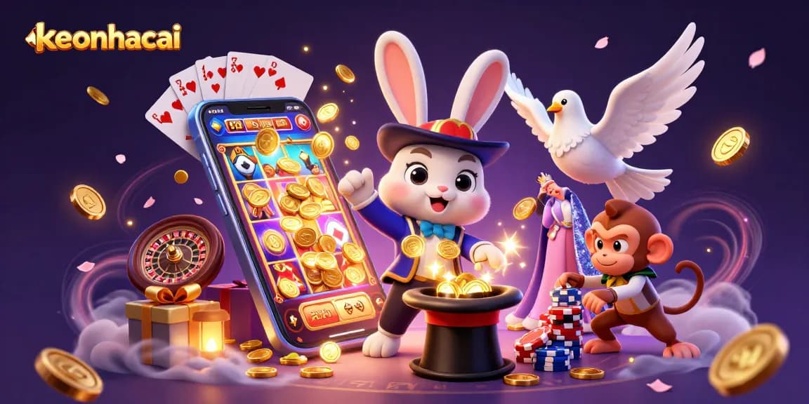 Engage with keonhacai as a 3D magician rabbit conjures golden coins amidst vibrant casino elements.