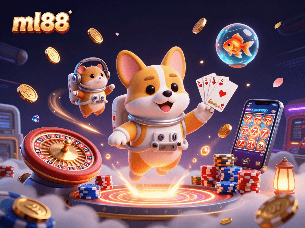Spin to win with ml88 at an immersive casino experience featuring a corgi and gems.