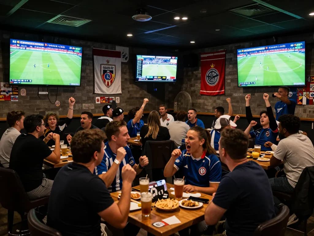 View of fans enjoying live soccer matches on CAKHIA TV at a vibrant sports bar, capturing the excitement and ambiance of game day