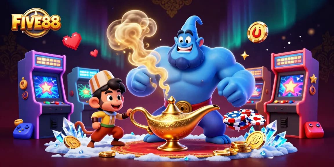 FIVE88 unveils an enchanting 3D scene, blending vibrant casino elements with gaming excitement.
