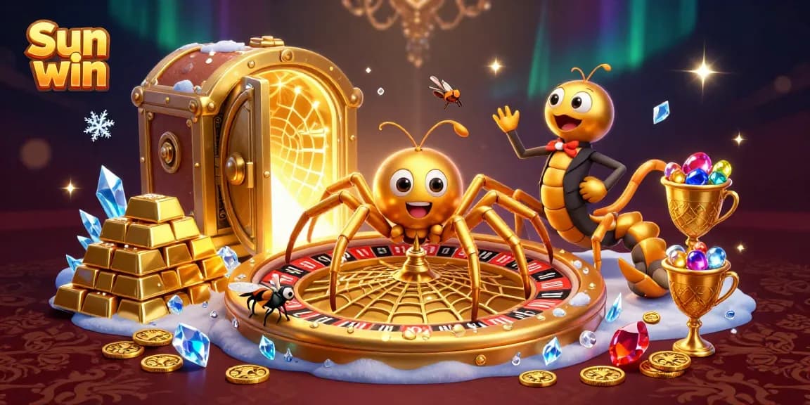 Engage in the thrill of Sun win as a golden spider spins a roulette web in a vibrant casino scene.
