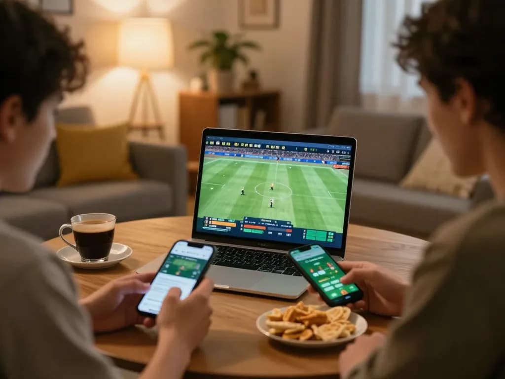 Twiin68 users placing bets on sports using smartphone and laptop for real-time gaming.
