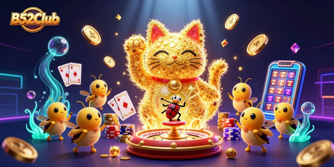 B52Club showcases a vibrant golden lucky cat illustration, captivating players in a rich casino scene.