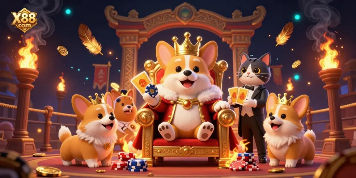 X88 com showcases a royal corgi on a throne of poker chips amidst glittering casino elements.