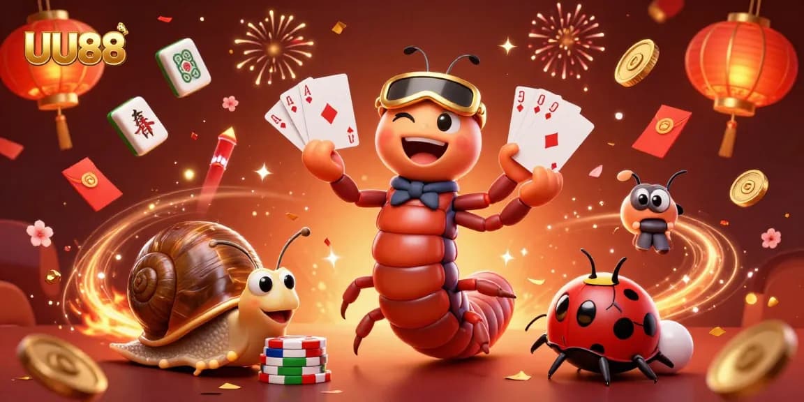 Experience excitement with UU88's animated casino scene featuring a playful millipede dealer and vibrant game elements.