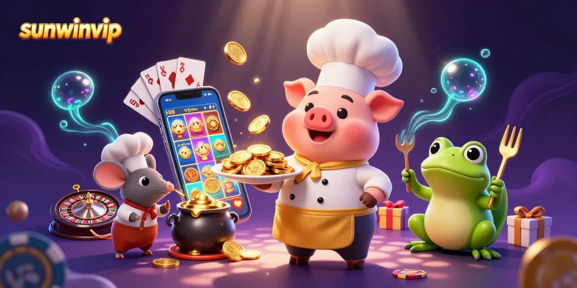 Experience the excitement of sunwinvip with a vibrant 3D illustration of casino elements and characters.