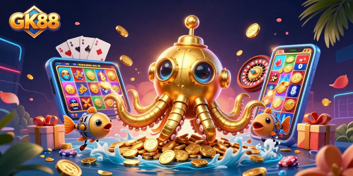 Engage in exciting slots action with GK88 while golden kraken hybrid surfaces through coins.